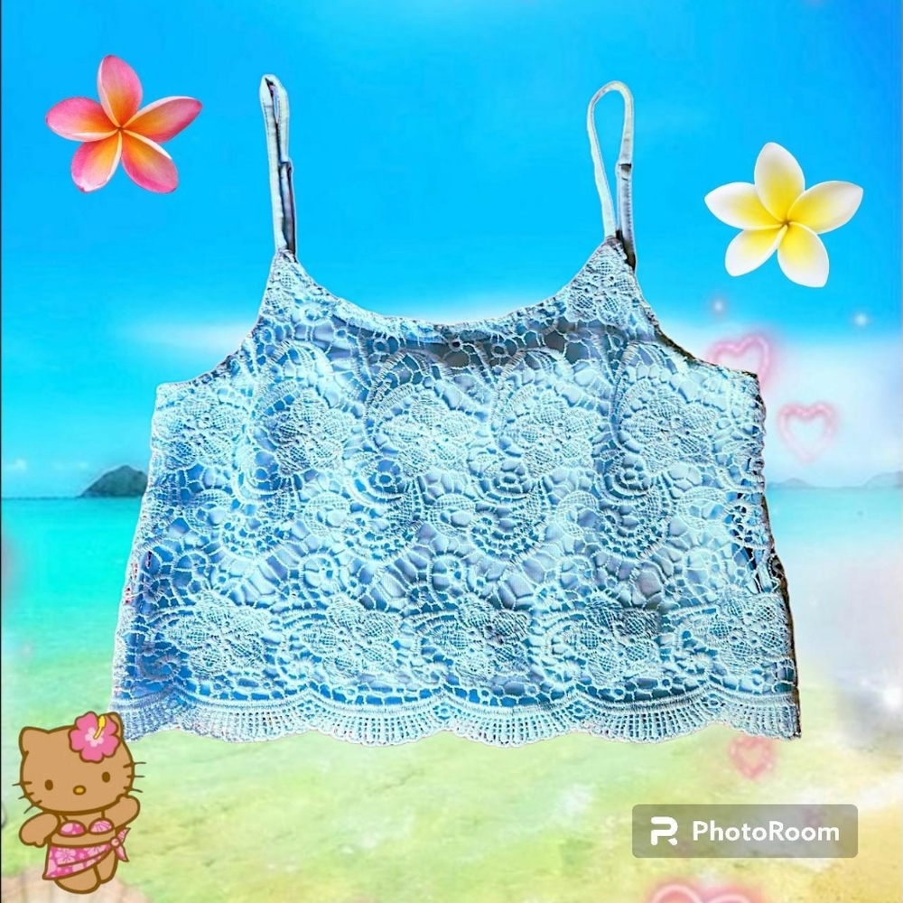 H&M Layered Ice Blue Lace Cami Fairy Crop Top